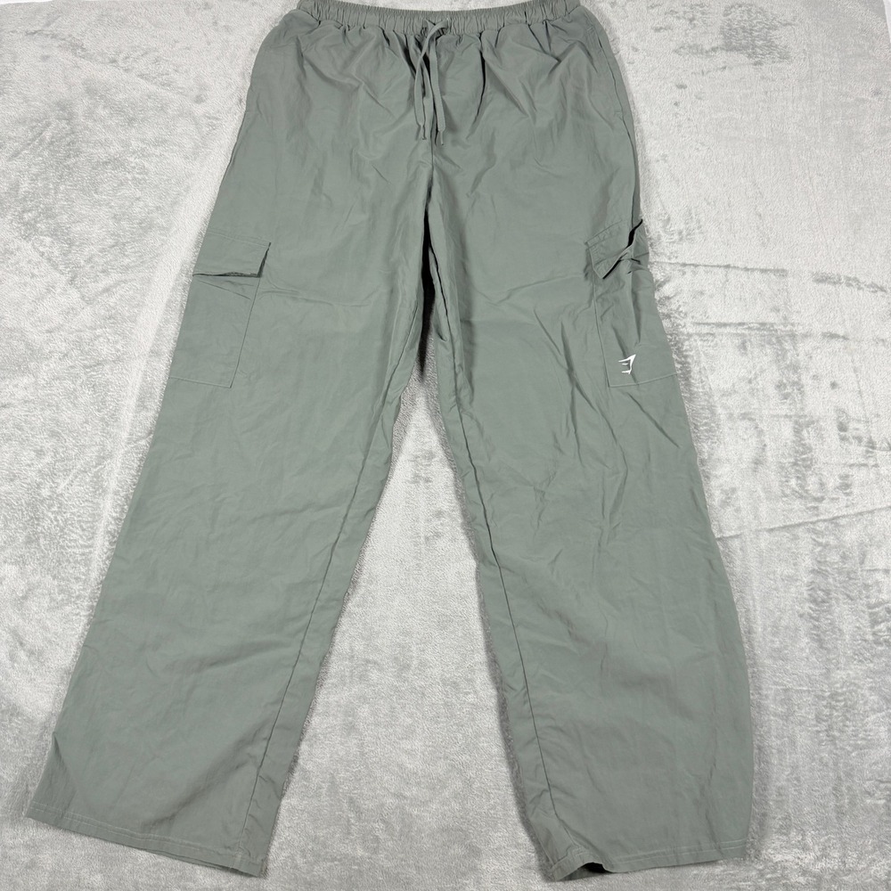 Gymshark Mens M Cargo Pants Sage Green Nylon Straight Leg Lightweight Drawstring